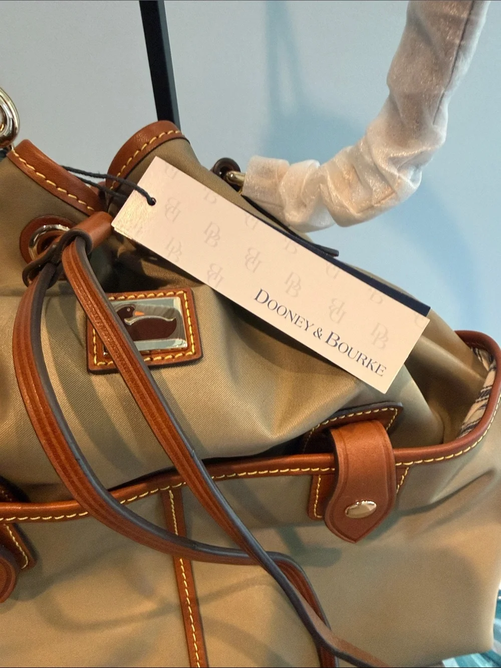 Dooney & Bourne Taupe Large Drawstring Shoulder Bag with Brown Trim